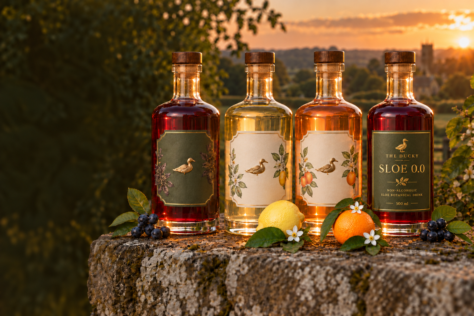 The four-bottle Ducky Larder collection: Sloe Gin, Lemon Gin, Clementine Gin and Sloe 0.0